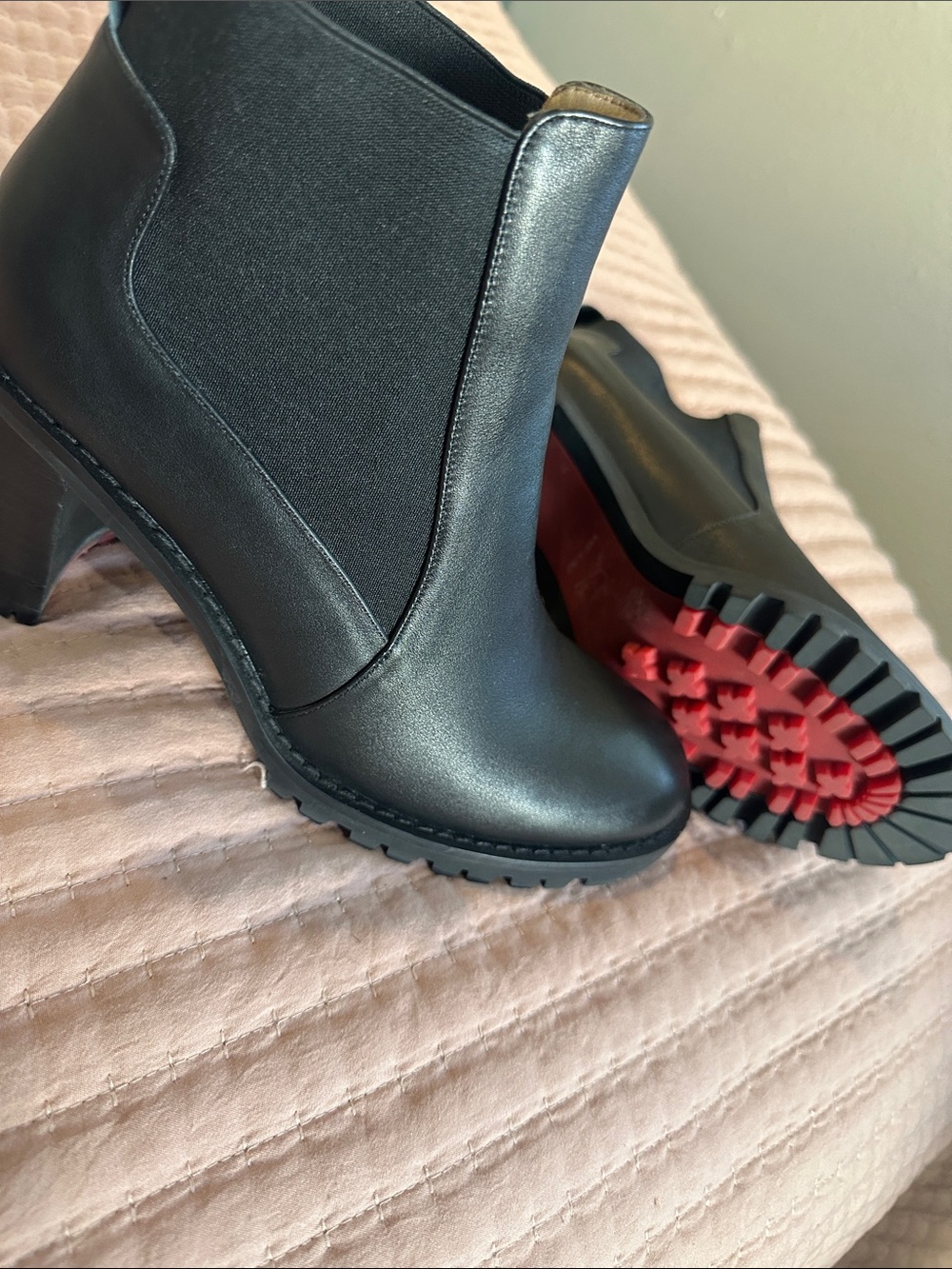 Christian Louboutin Black Leather Chelsea Booties with Red Lug Sole